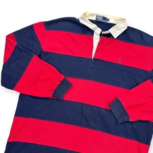 Polo Ralph Lauren Rugby Shirt Men's XL Blue Red Striped Long Sleeve Polo Y2K